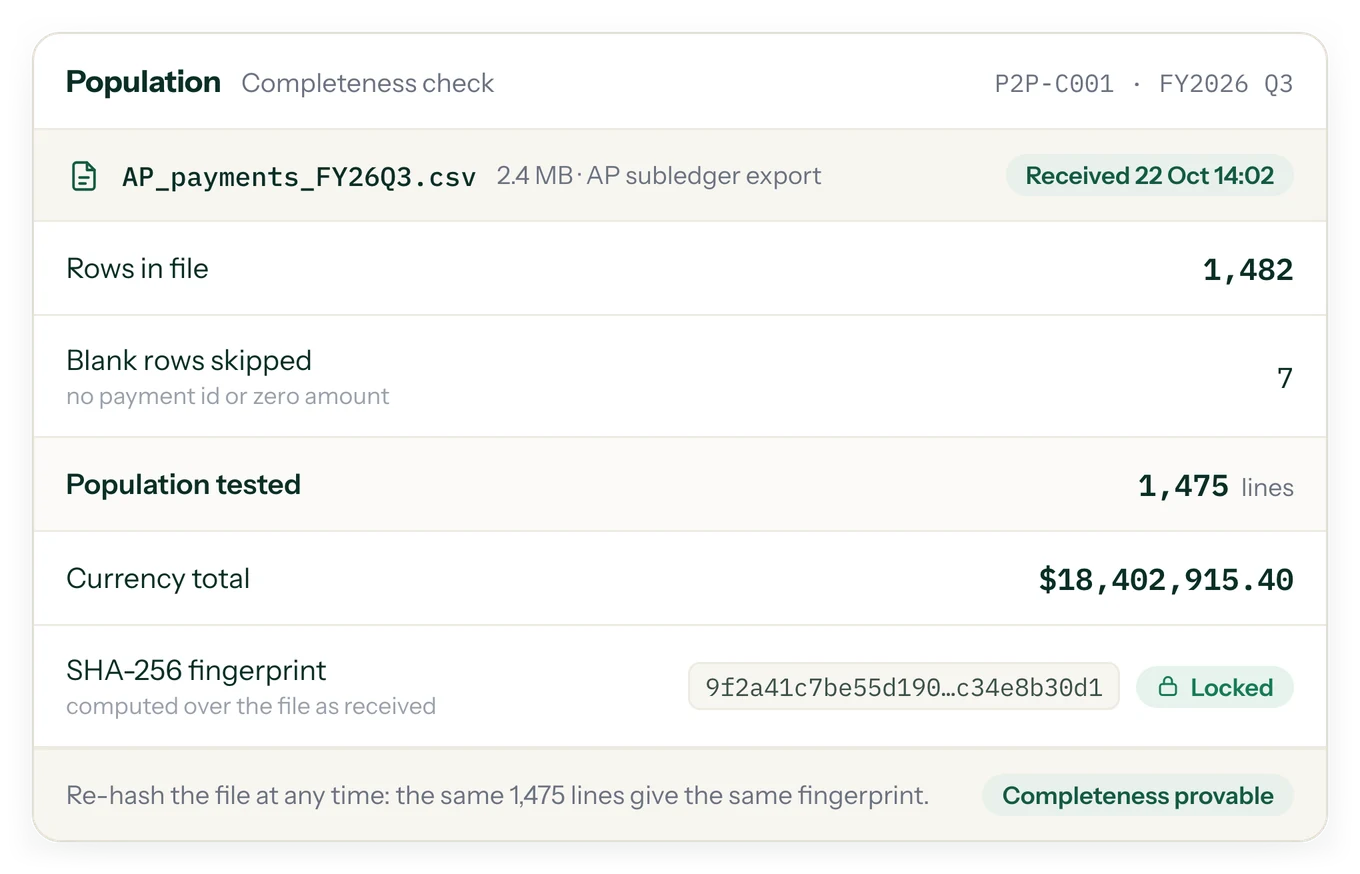 Population completeness check: rows, blank rows skipped, currency total and a locked SHA-256 fingerprint